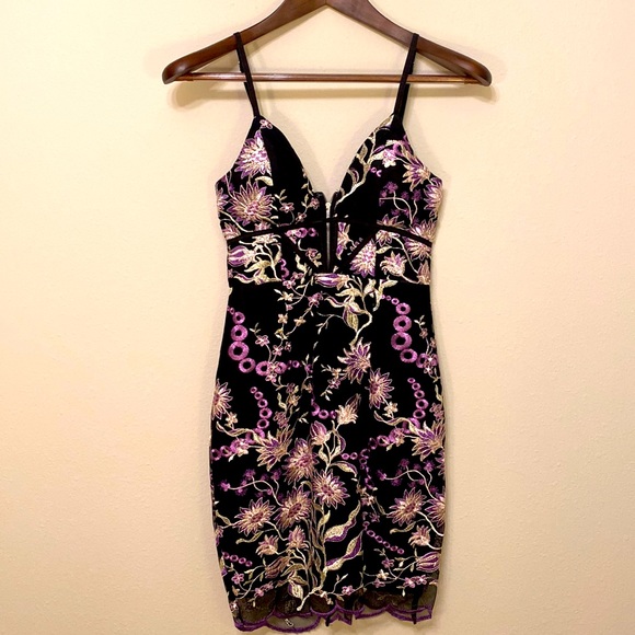 Selfie Leslie Dresses & Skirts - Selfie Leslie black bodycon dress with purple and silver embroidery